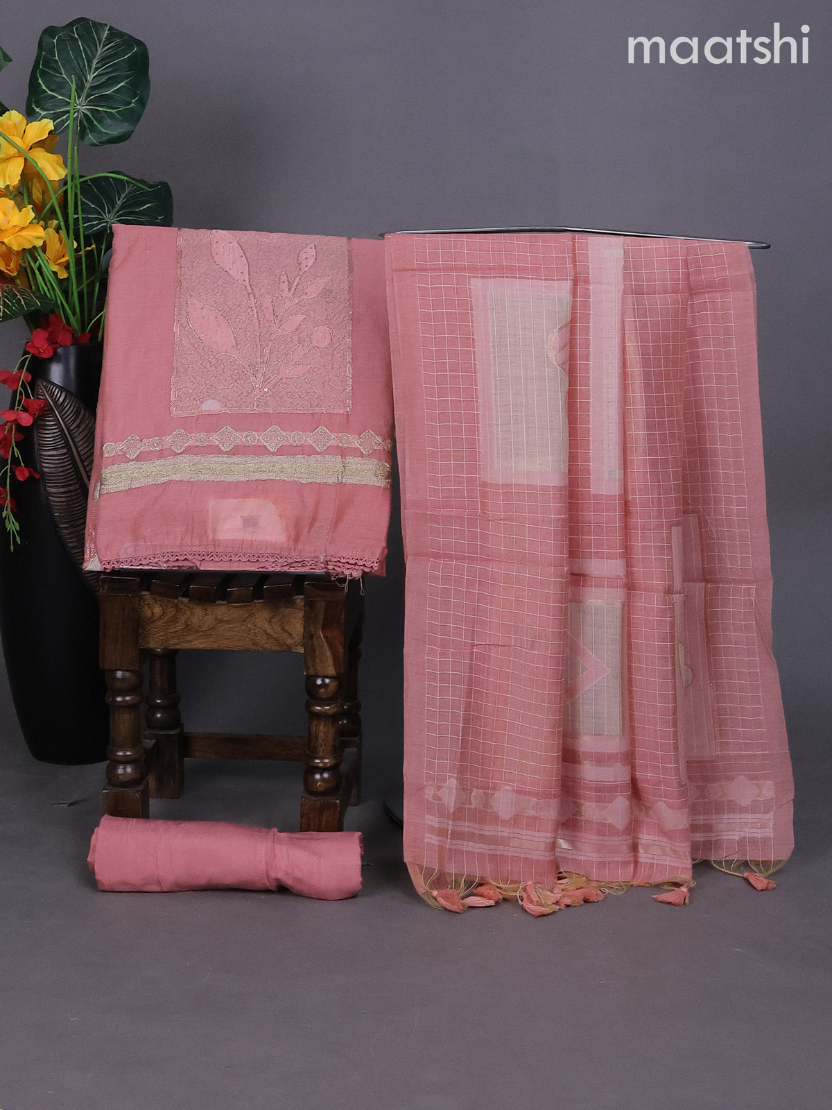 Peach Shade Munga Cotton Dress Material With Thread & Zari Buttas