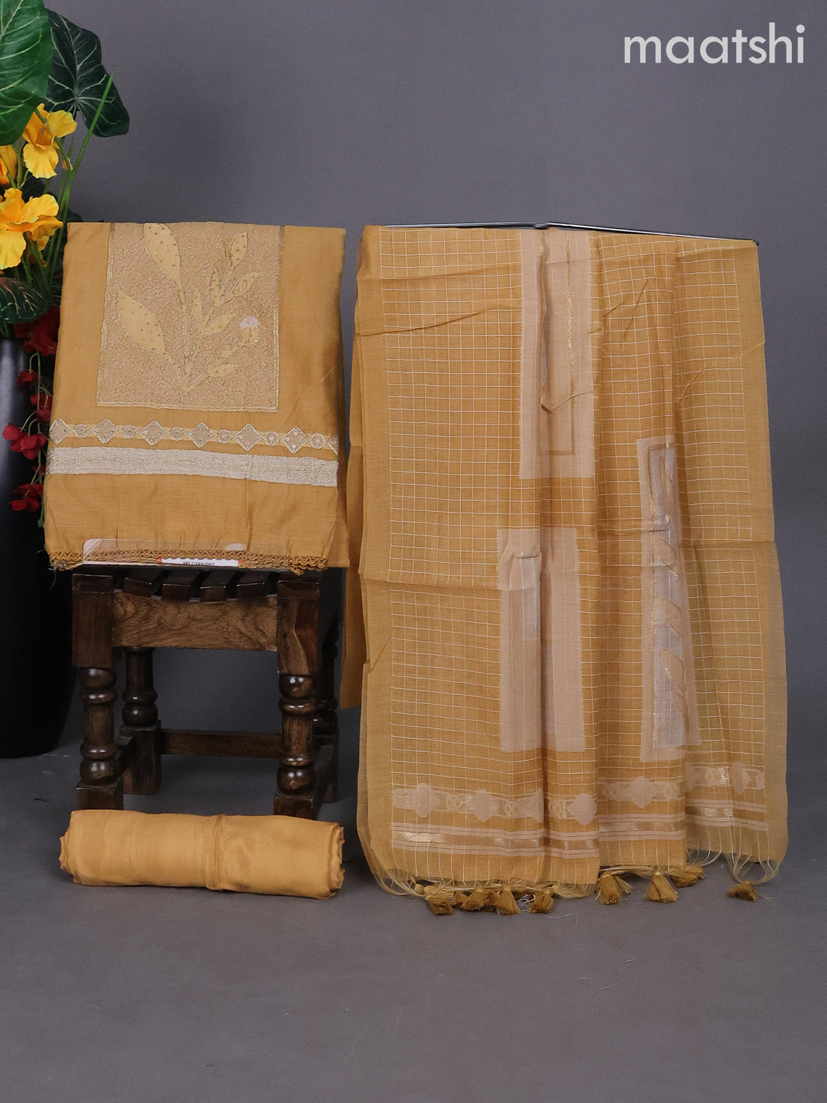 Mustard Shade Munga Cotton Dress Material With Thread & Zari Buttas