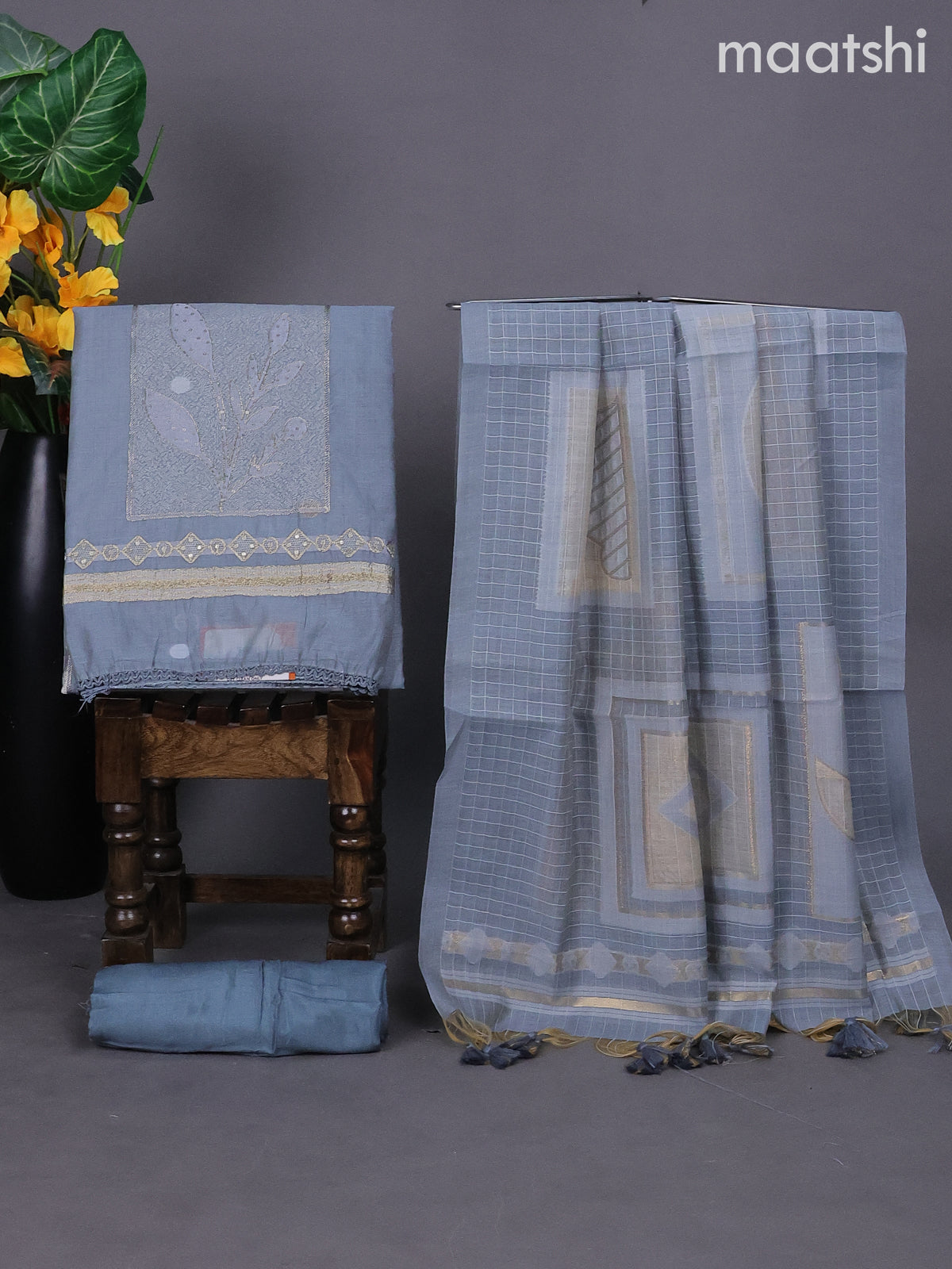 Greyish Blue Munga Cotton Dress Material With Thread & Zari Buttas