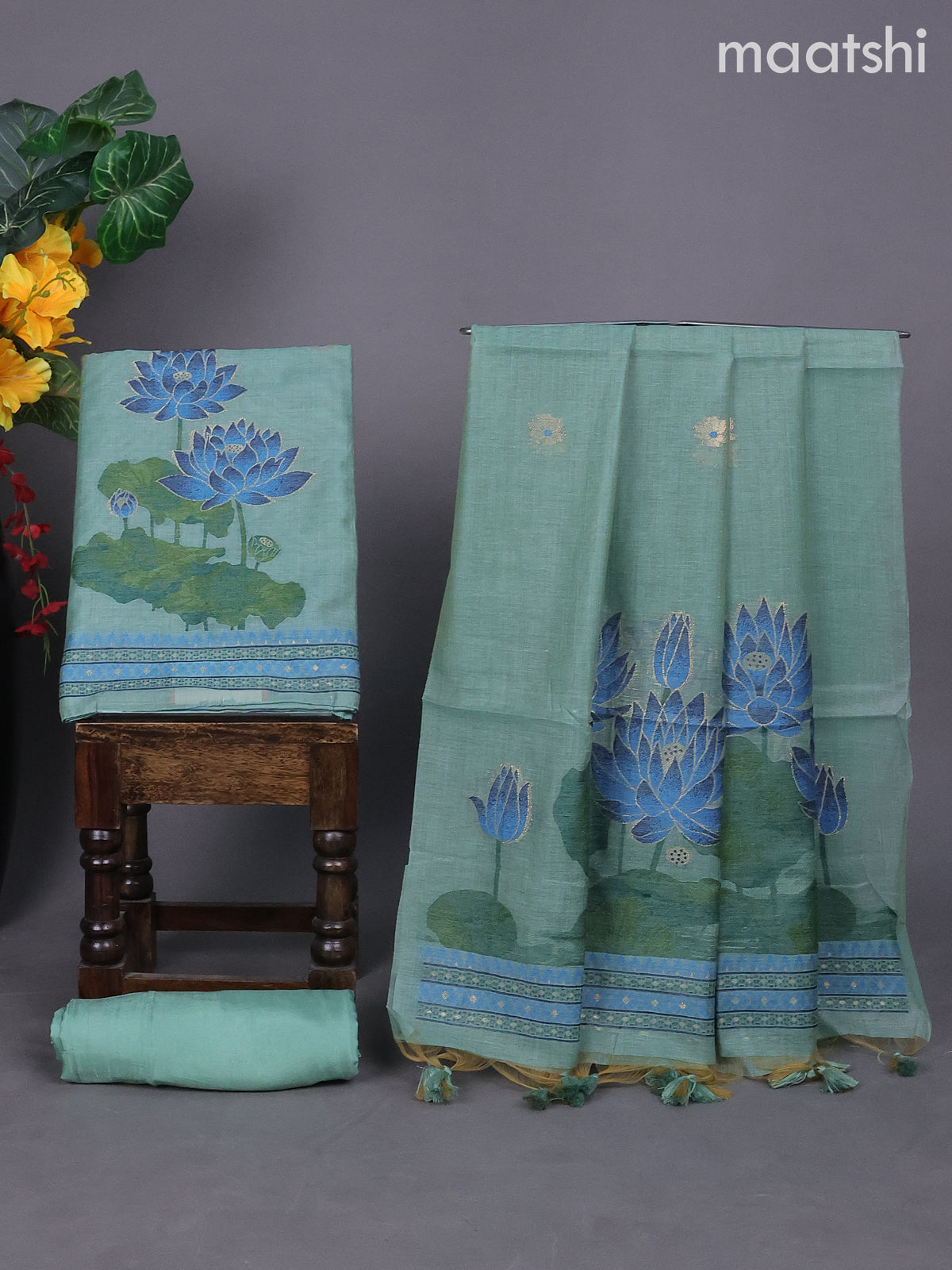 Teal Green Shade Munga Cotton Dress Material With Thread & Zari Buttas