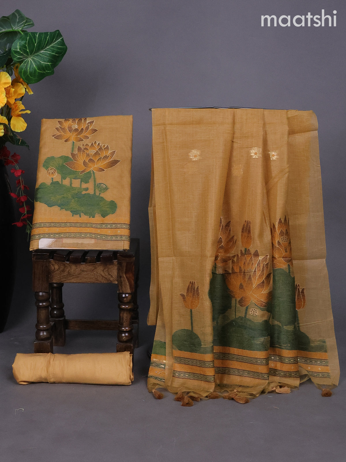 Mustard Shade Munga Cotton Dress Material With Thread & Zari Buttas