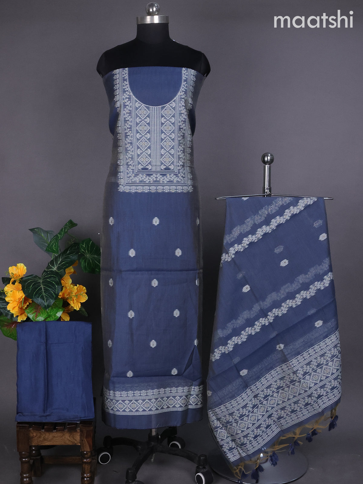 Blue Shade Munga Cotton Dress Material With Thread & Zari Buttas