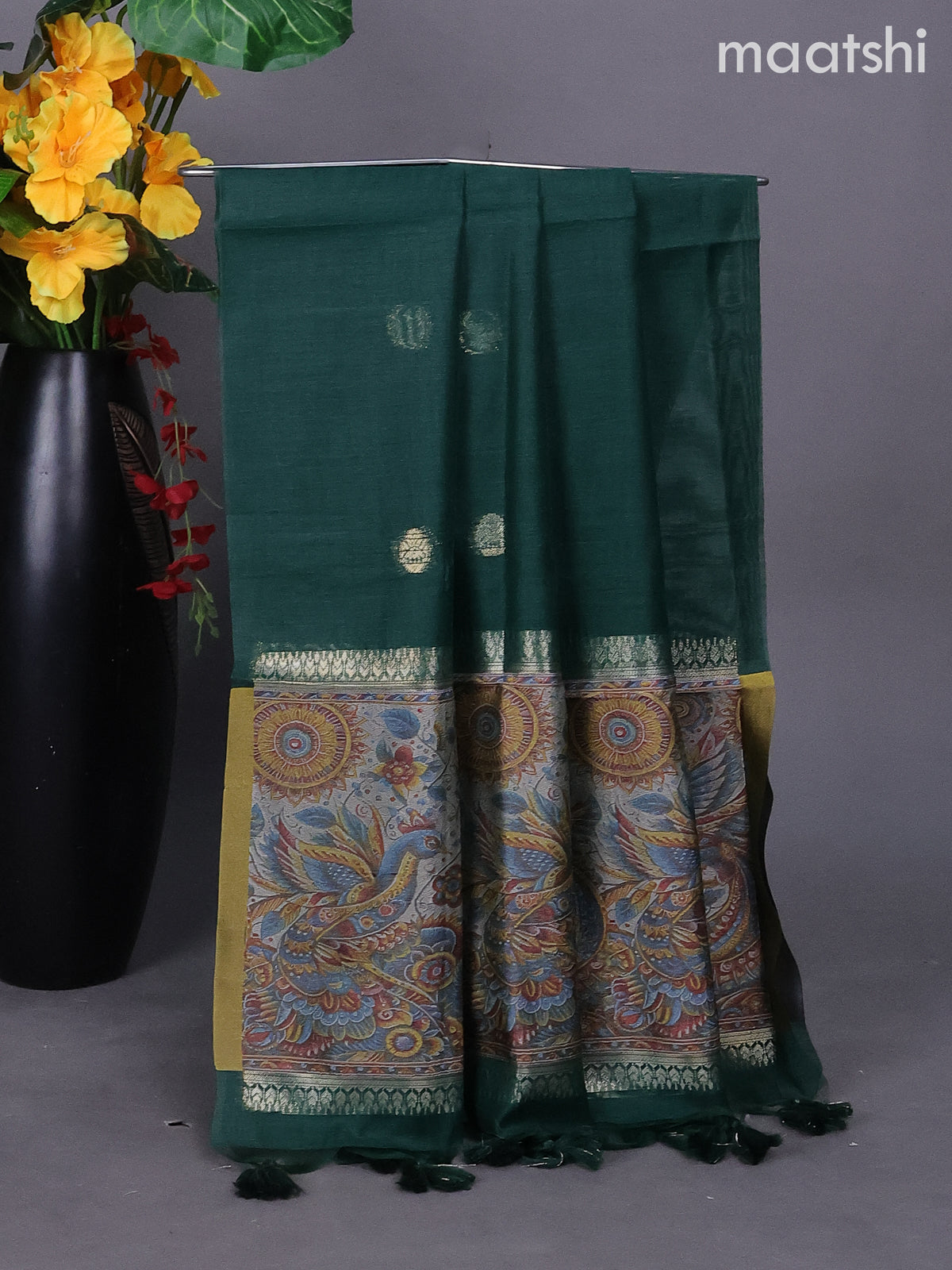 Green Munga Cotton Dress Material With Zari Buttas