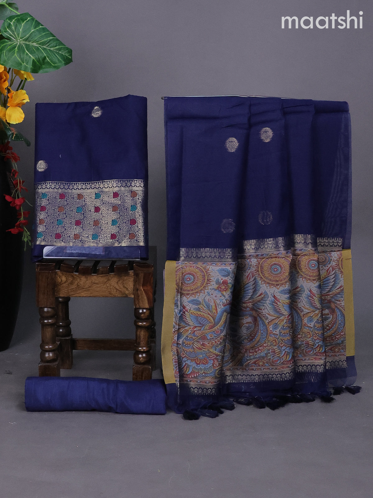 Navy Blue Munga Cotton Dress Material With Zari Buttas