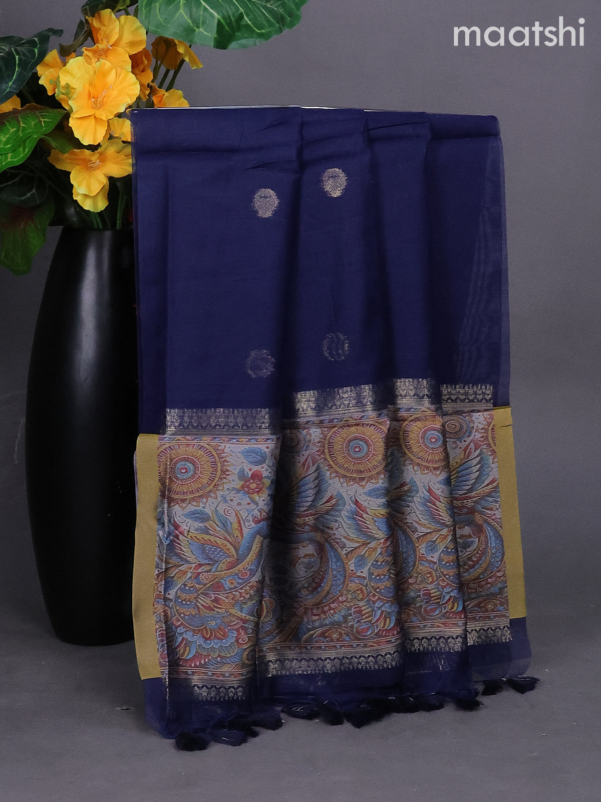 Navy Blue Munga Cotton Dress Material With Zari Buttas