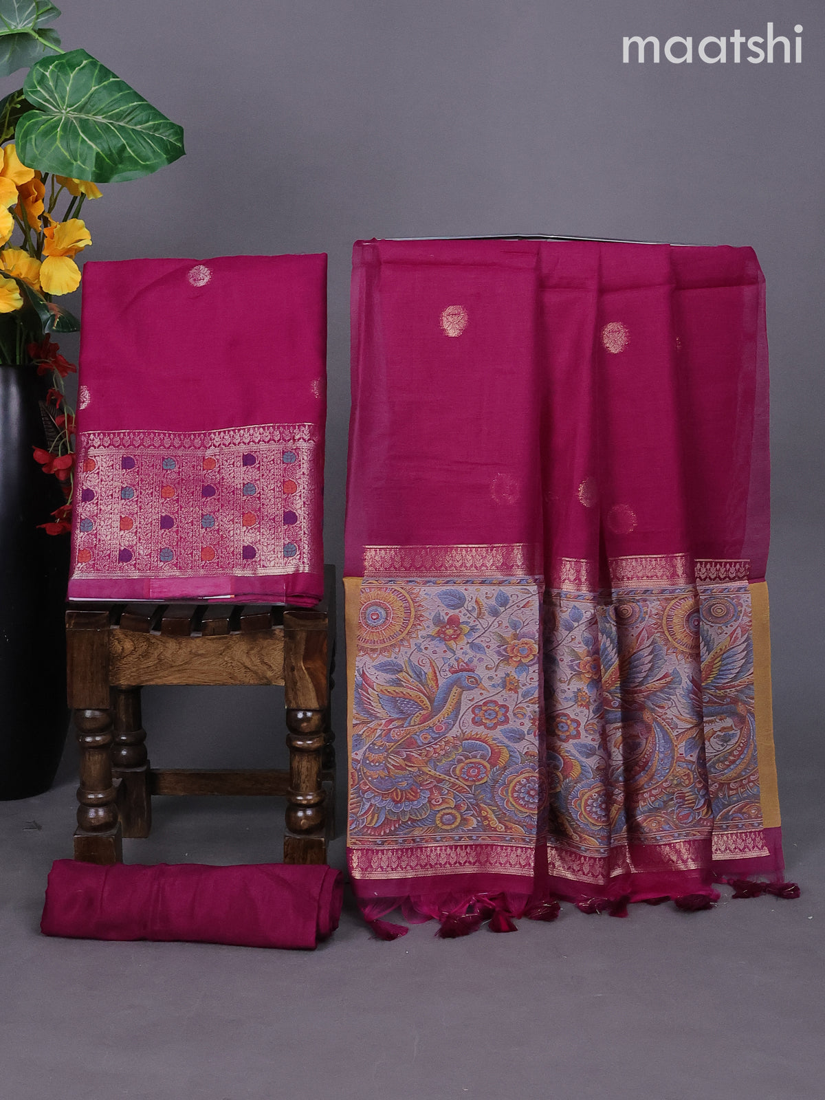 Magenta Pink Munga Cotton Dress Material With Zari Buttas