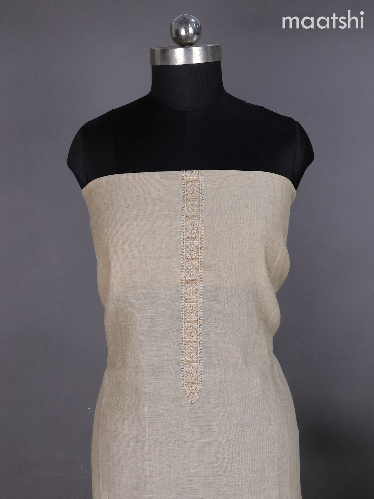 Beige and Purple Linen Dress Material With Embroidery Work