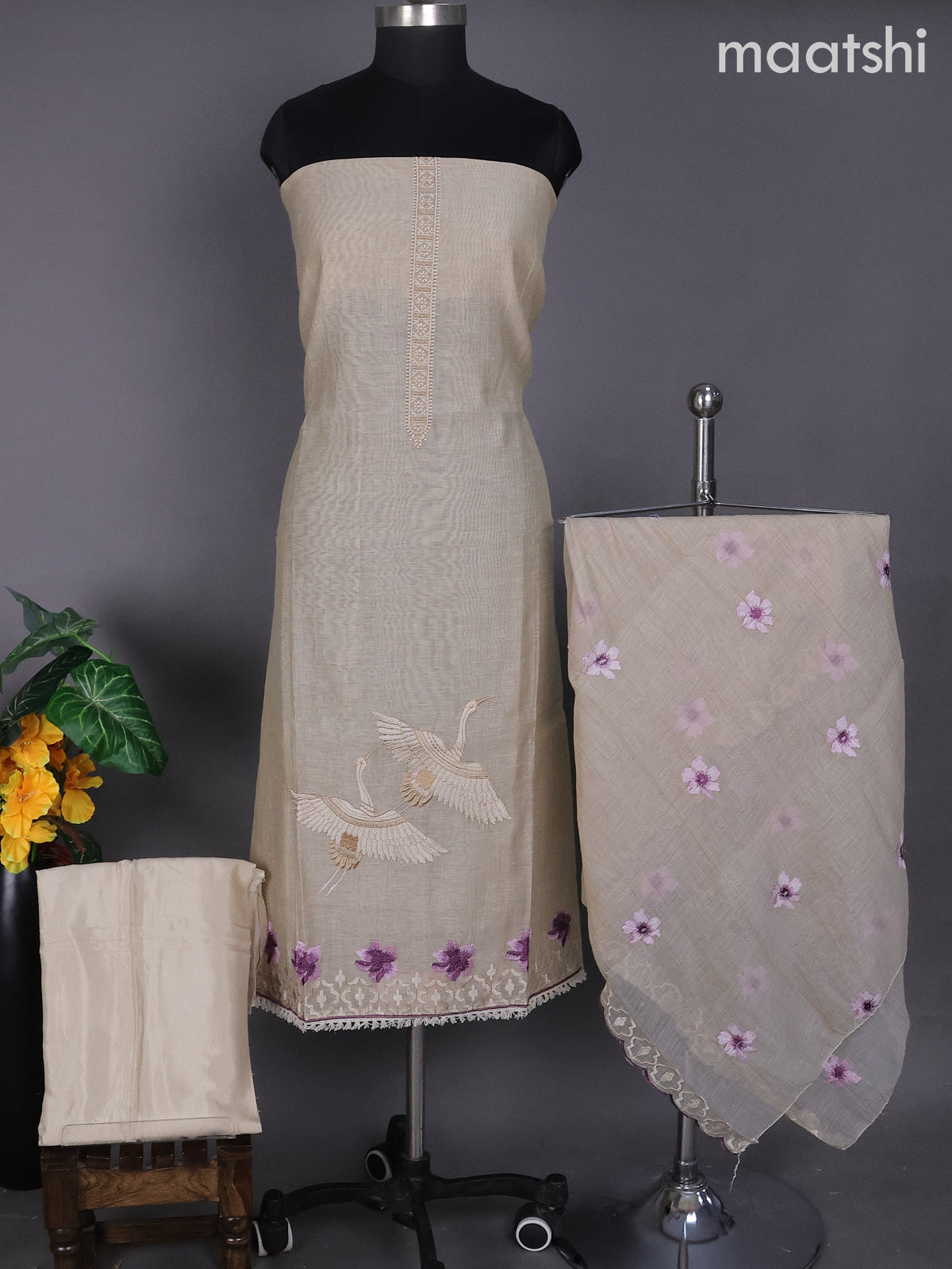 Beige and Purple Linen Dress Material With Embroidery Work