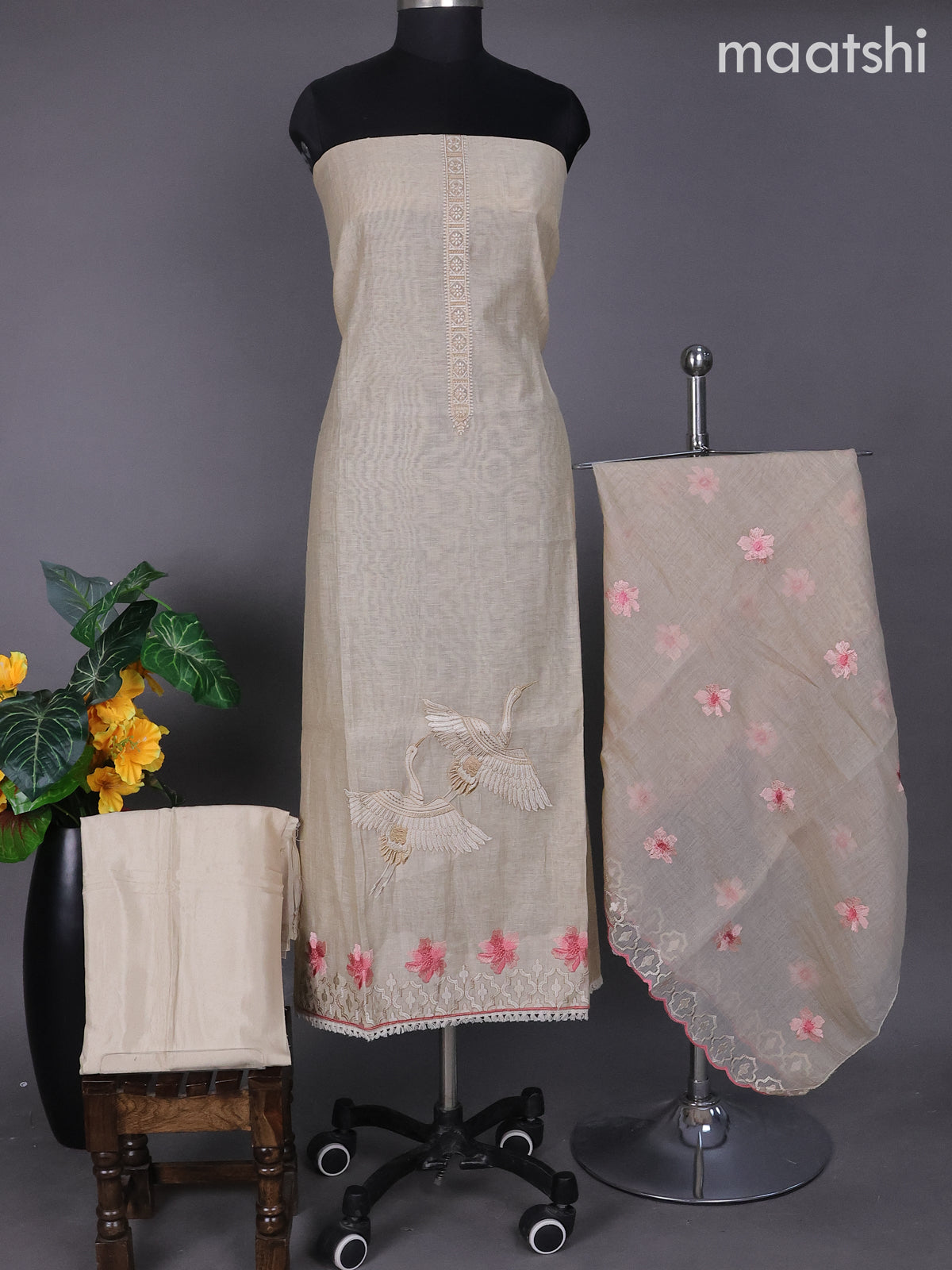 Beige and Peach Pink Linen Dress Material With Embroidery Work