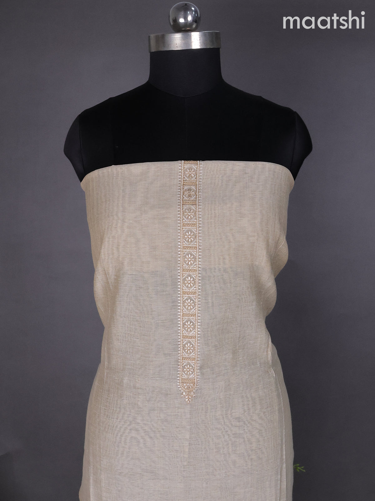 Beige and Teal Blue Linen Dress Material With Embroidery Work