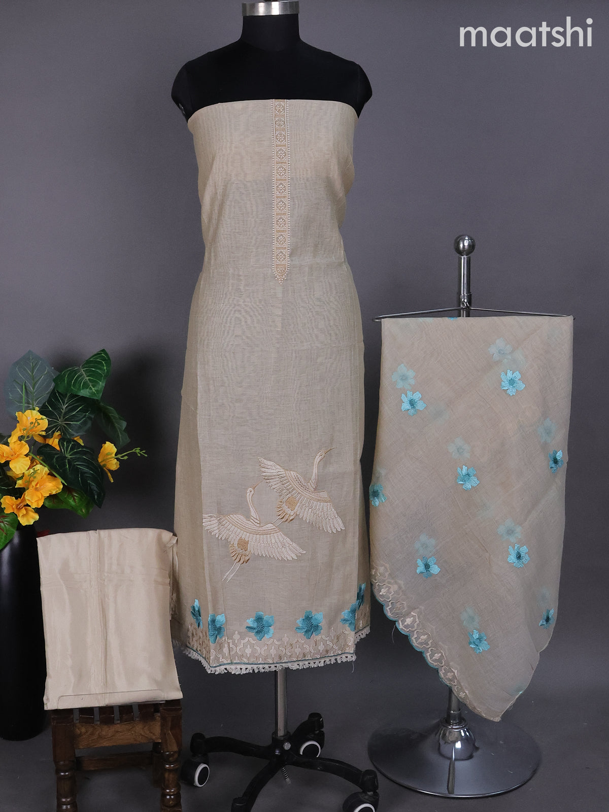 Beige and Teal Blue Linen Dress Material With Embroidery Work