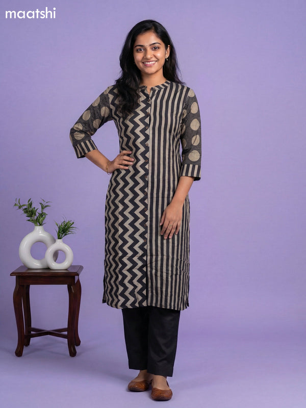 Beige and Black Muslin Printed Kurti Set