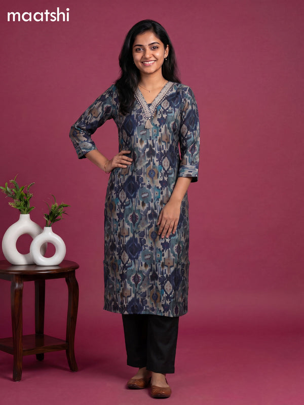 Beige and Blue Cotton Ikat Weaves & Lace Work Straight Kurti