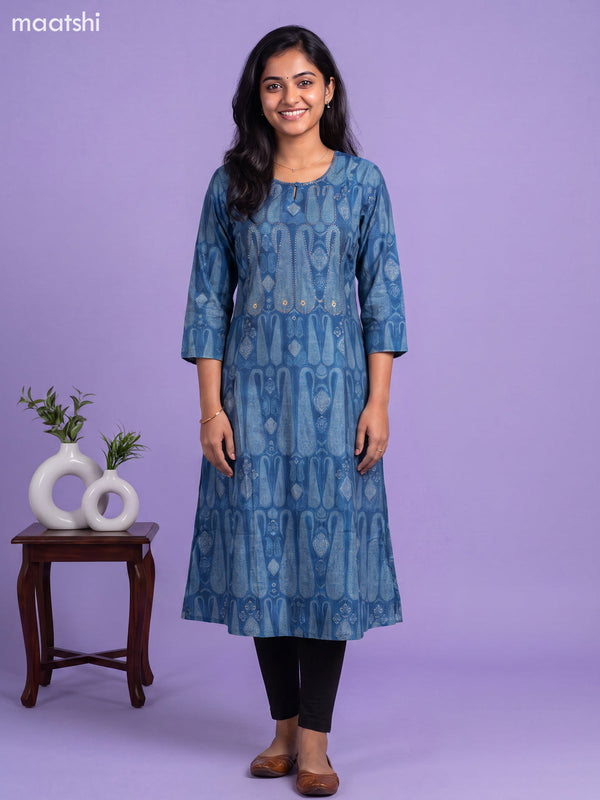 Blue Modal Paisley Printed & Embroidery Work A-Line Kurti