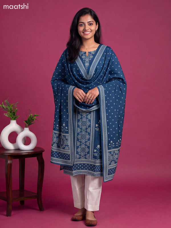 Pecock Blue Modal Printed & Embroidery Work Straight Suit
