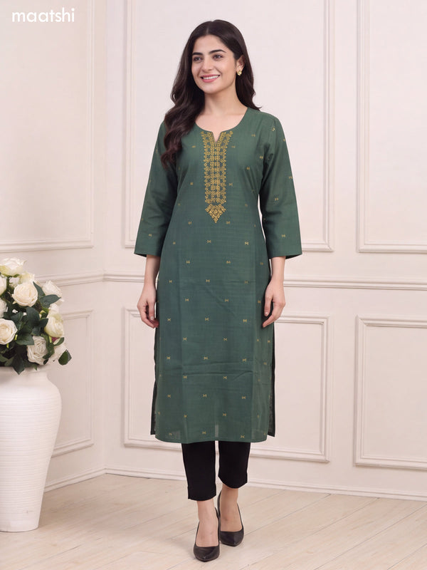Green Cotton Embroidery Work Long Straight Kurti