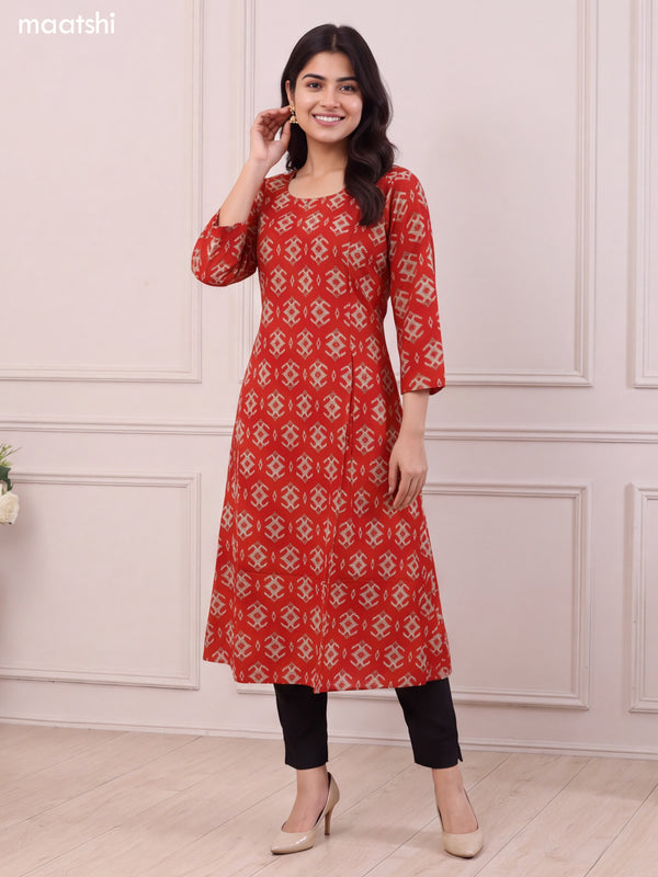 Red Rayon Ikat Weaves & Simple Embroidery Work A-Line Kurti