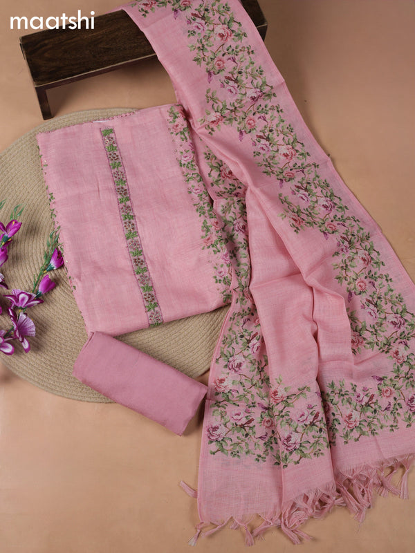 Peach Pink Tissue Linen Dress Material With Embroidery Work Neck Pattern