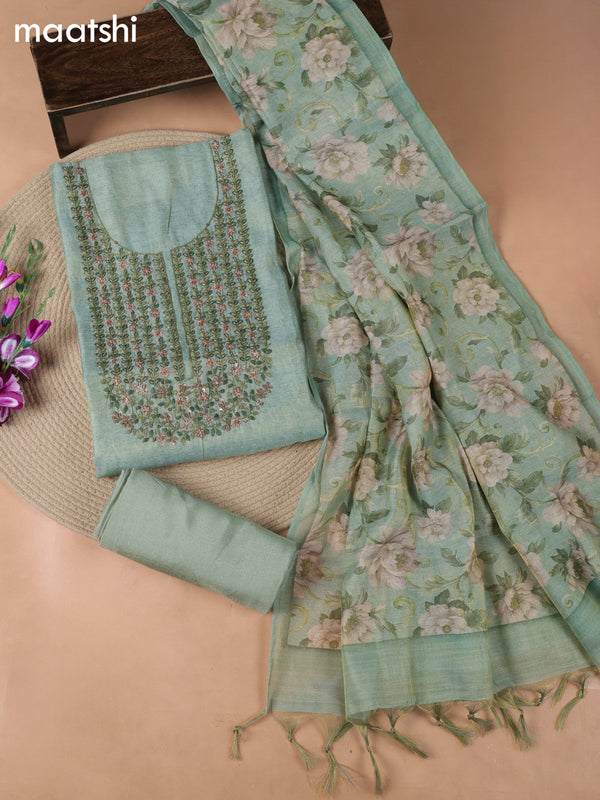 Green Tissue Linen Dress Material With Embroidery Work Neck Pattern