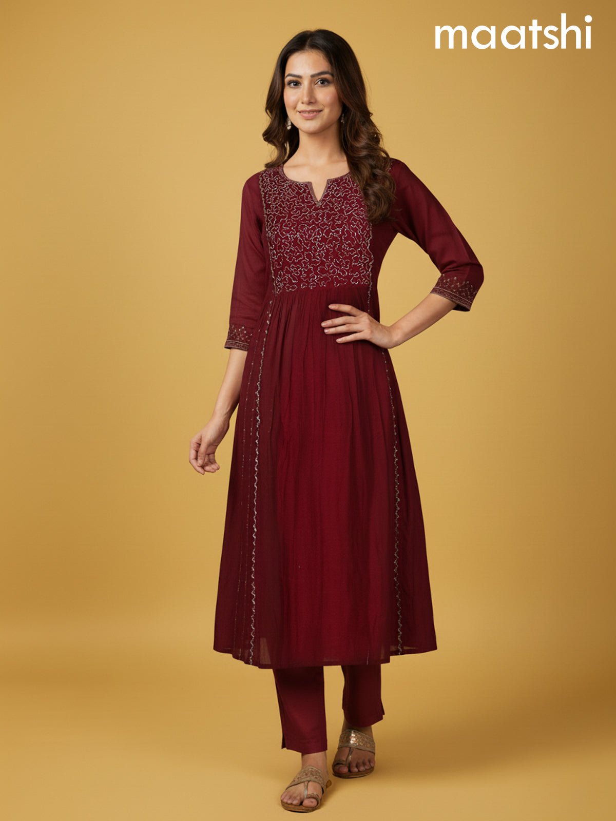 Maroon Mul Chanderi Beaded Work Anarkali Suit