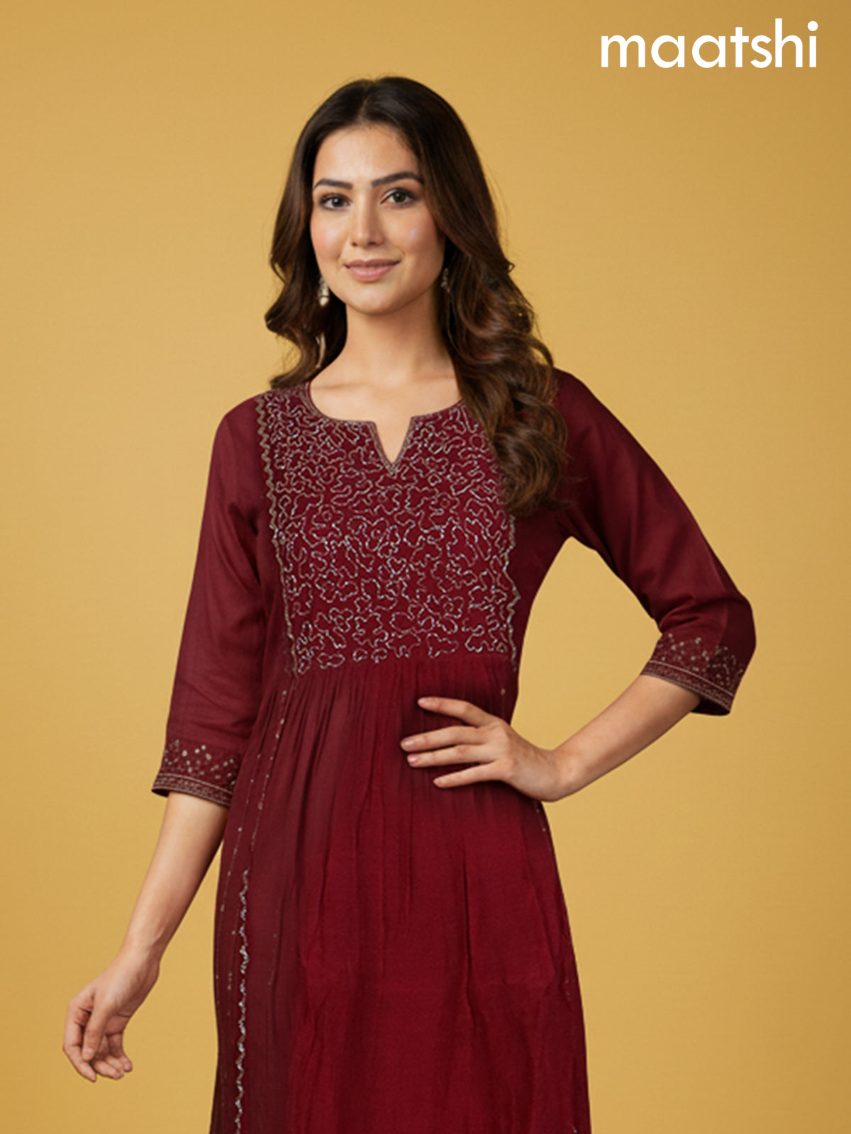 Maroon Mul Chanderi Beaded Work Anarkali Suit