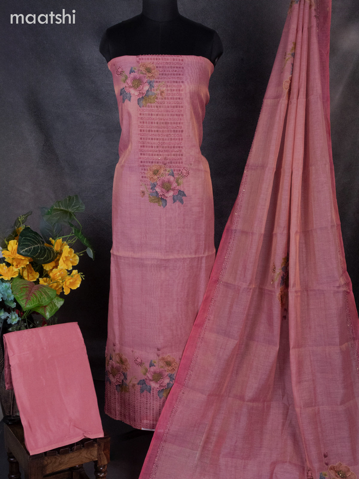 white christmas dresses Tissue linen dress material peach pink with french knot work neck patt –  Maatshi