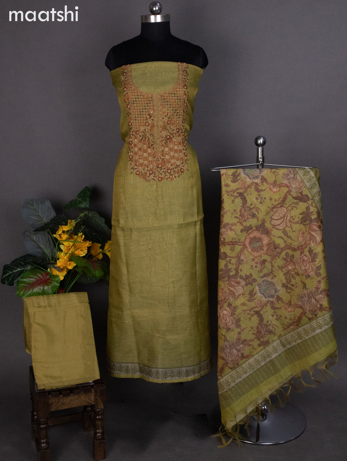 Tissue linen dress material mustard green with kantha stich work neck Maatshi Tissue linen dress material mustard green with kantha stich work neck Maatshi