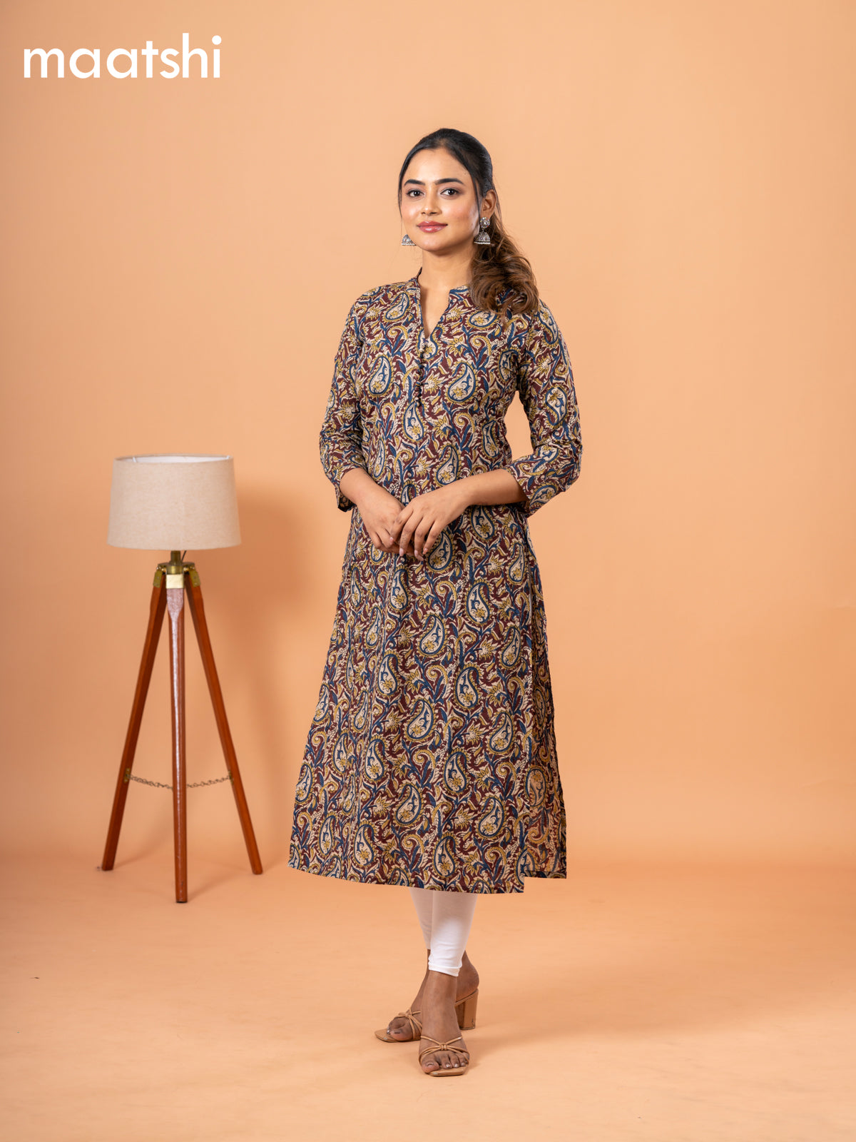 Cotton kurti deep maroon with kalamkari prints & simple neck pattern and without pant