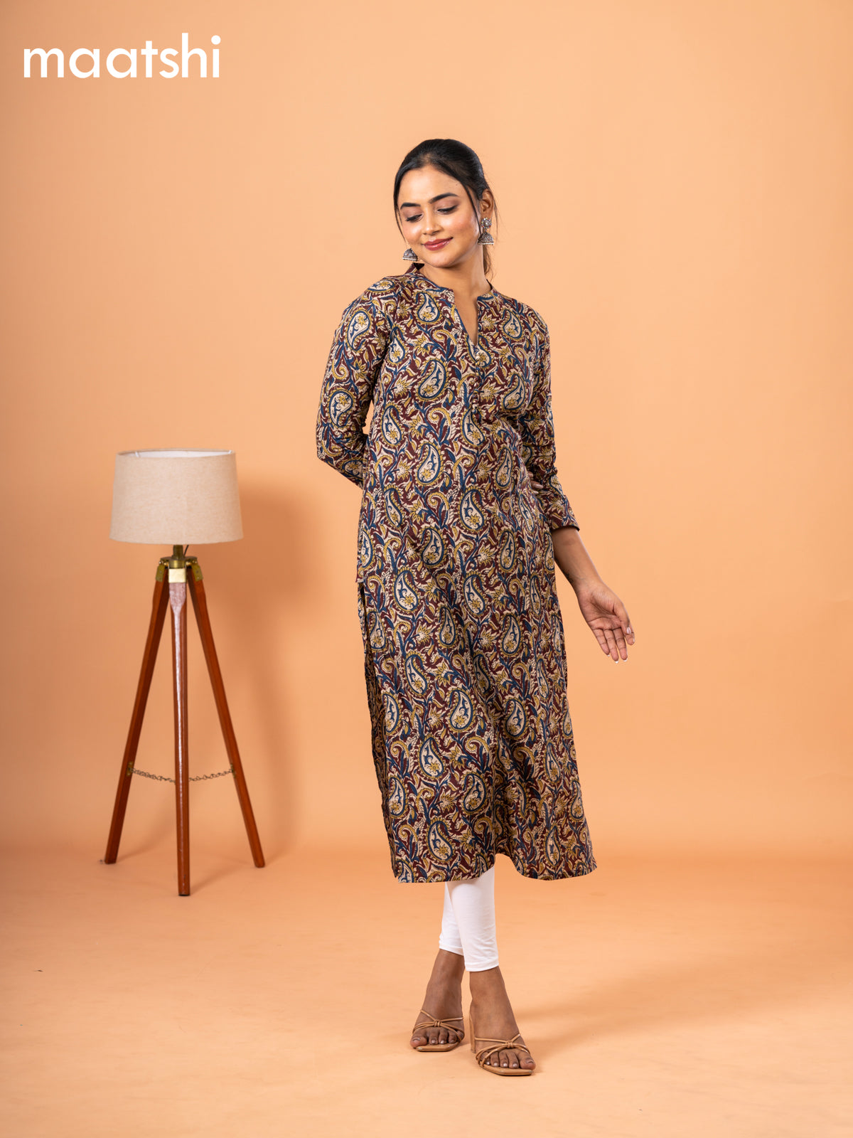 Cotton kurti deep maroon with kalamkari prints & simple neck pattern and without pant