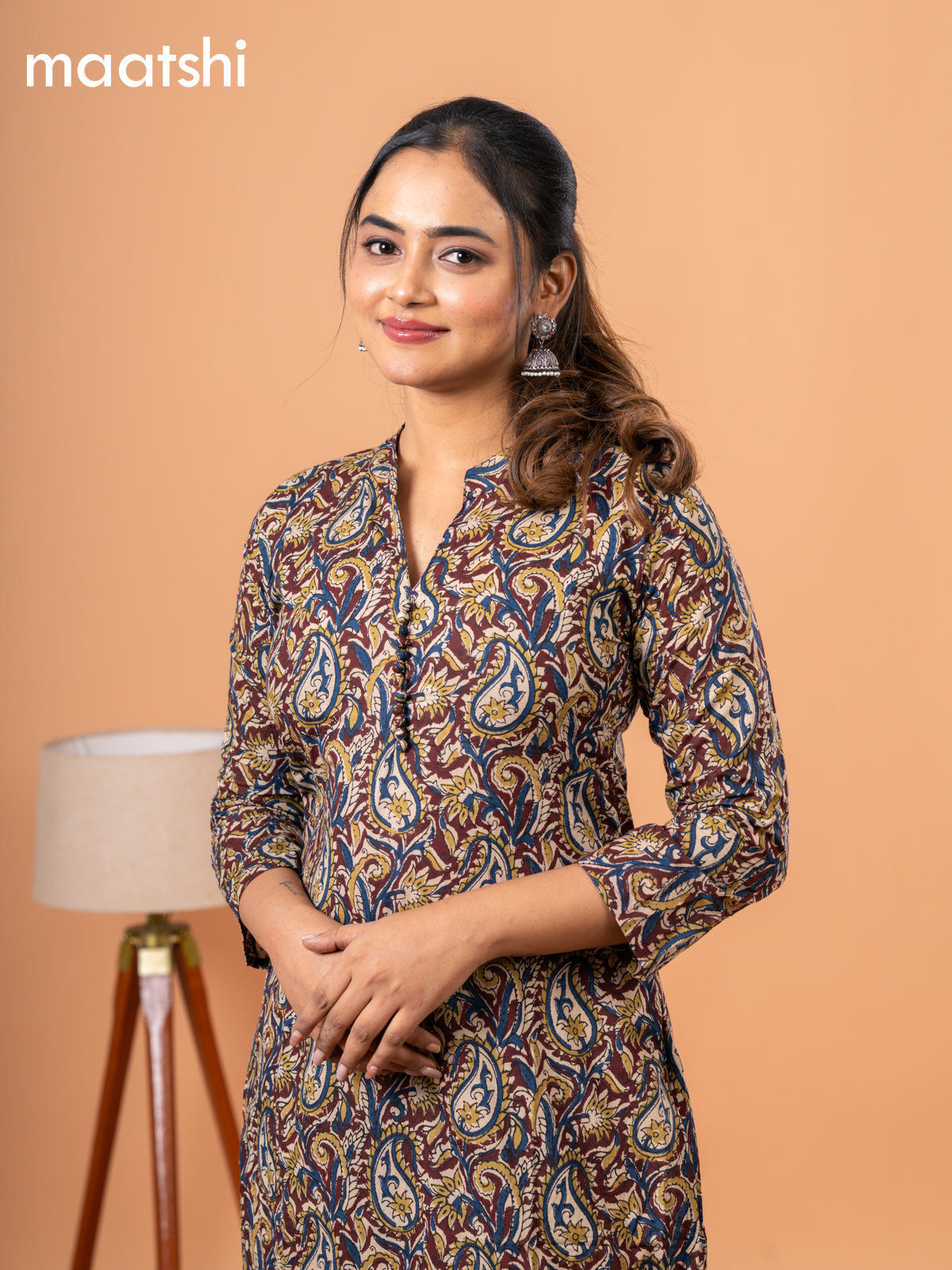 Cotton kurti deep maroon with kalamkari prints & simple neck pattern and without pant