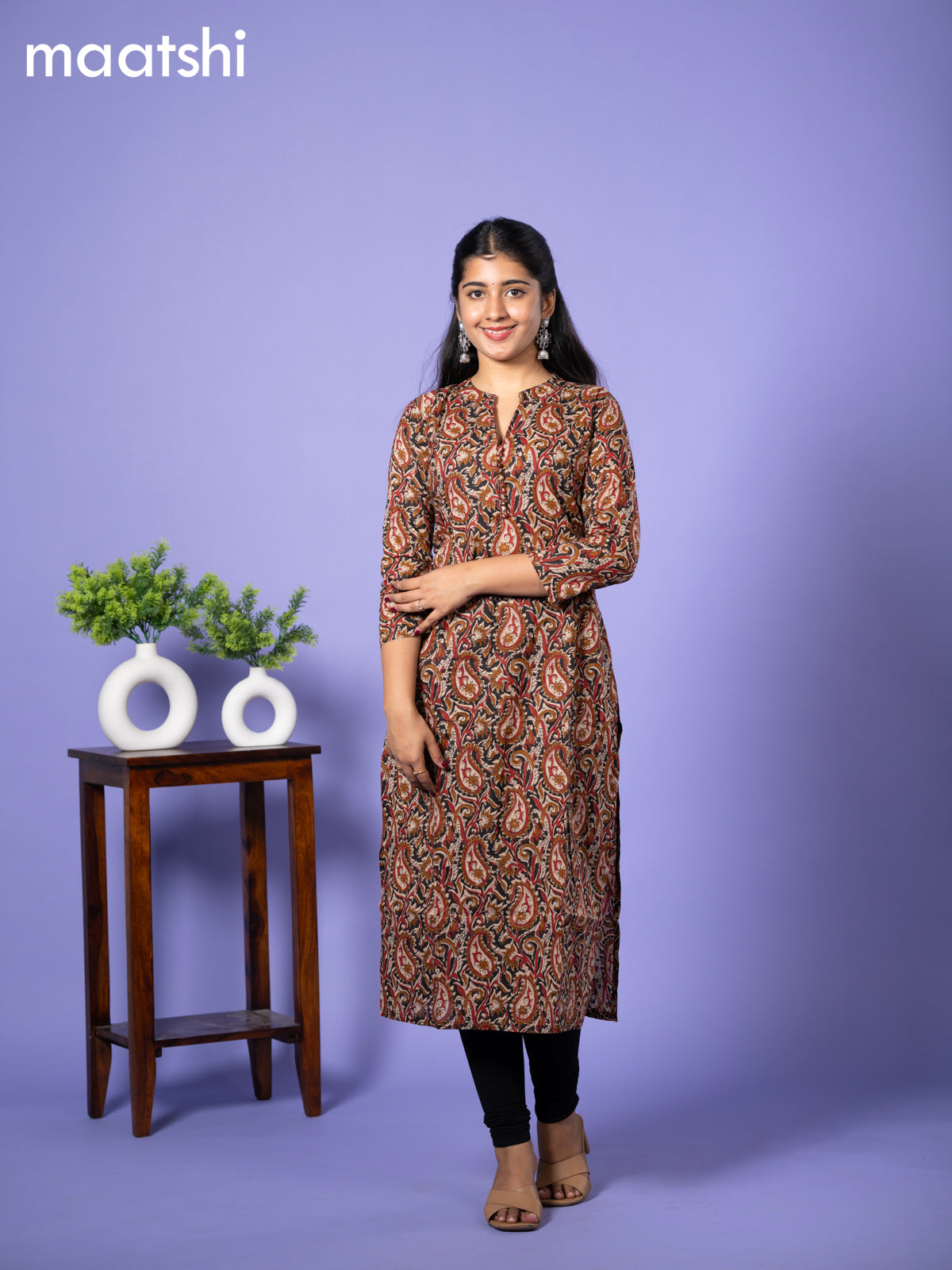 Cotton kurti cream and black maroon with allover kalamkari prints & simple neck pattern and without pant