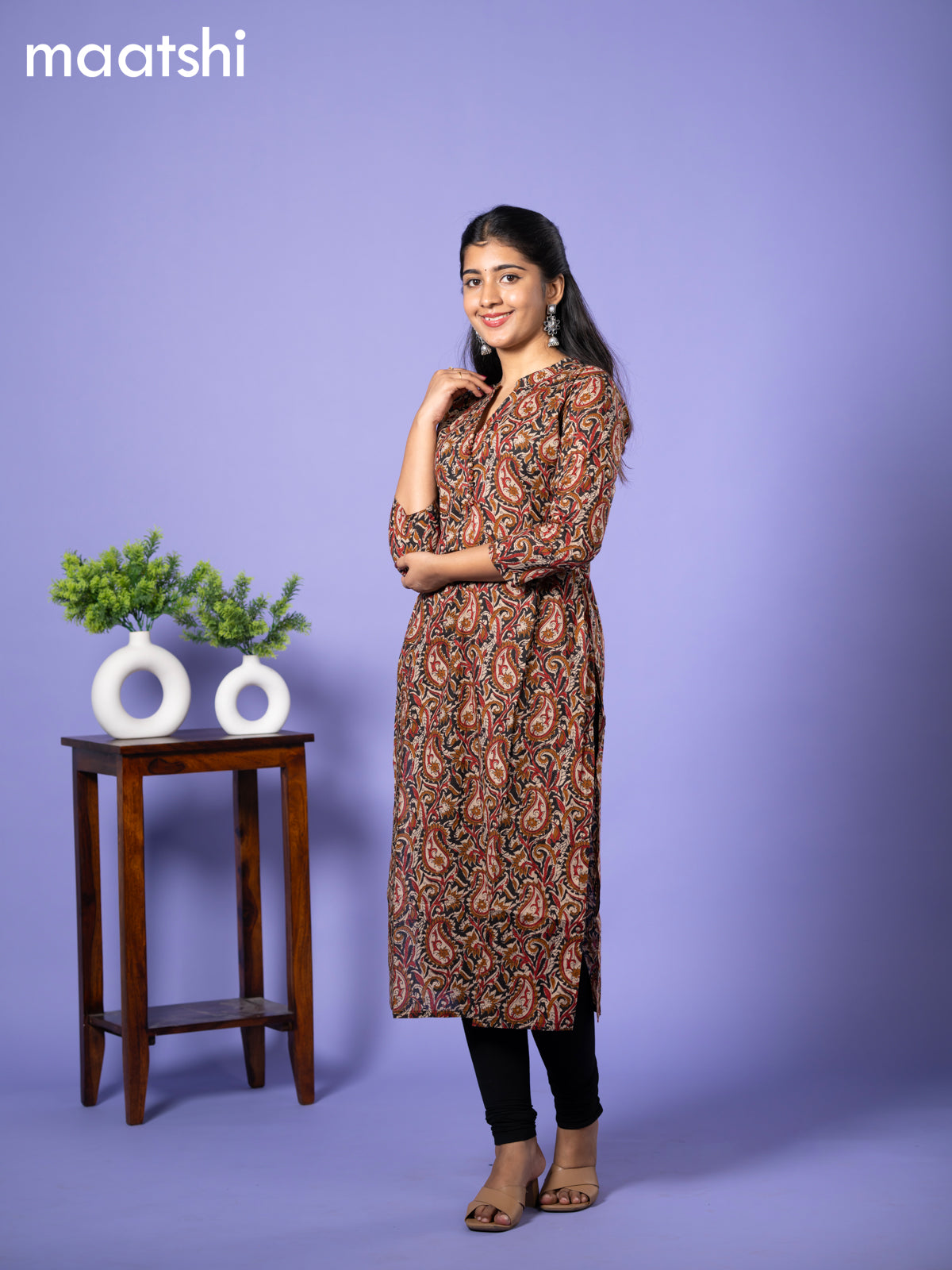 Cotton kurti cream and black maroon with allover kalamkari prints & simple neck pattern and without pant