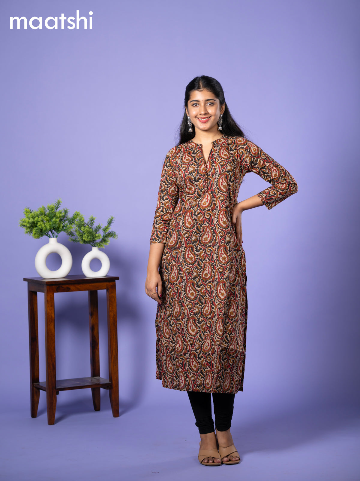Cotton kurti cream and black maroon with allover kalamkari prints & simple neck pattern and without pant