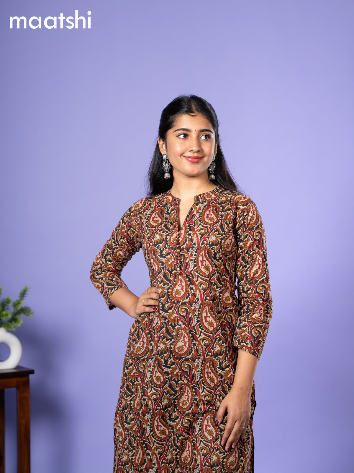 Cotton kurti cream and black maroon with allover kalamkari prints & simple neck pattern and without pant