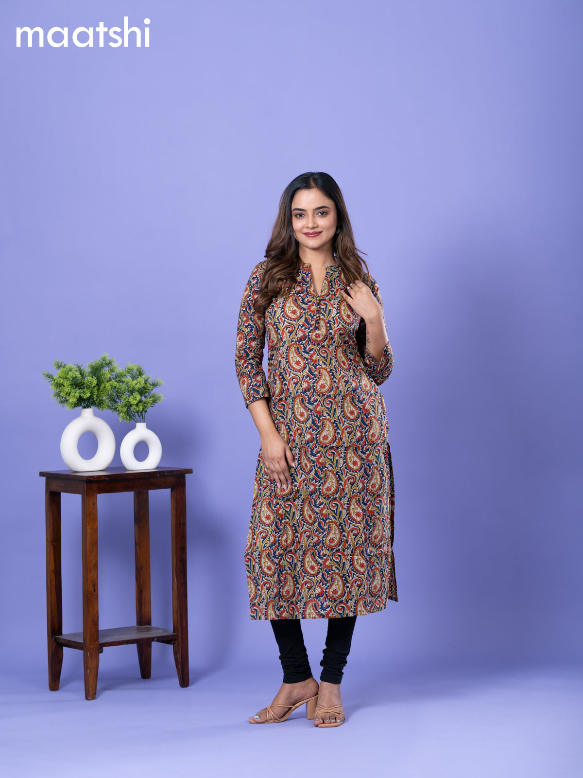 Cotton kurti navy blue and cream with allover kalamkari prints & simple neck pattern and without pant
