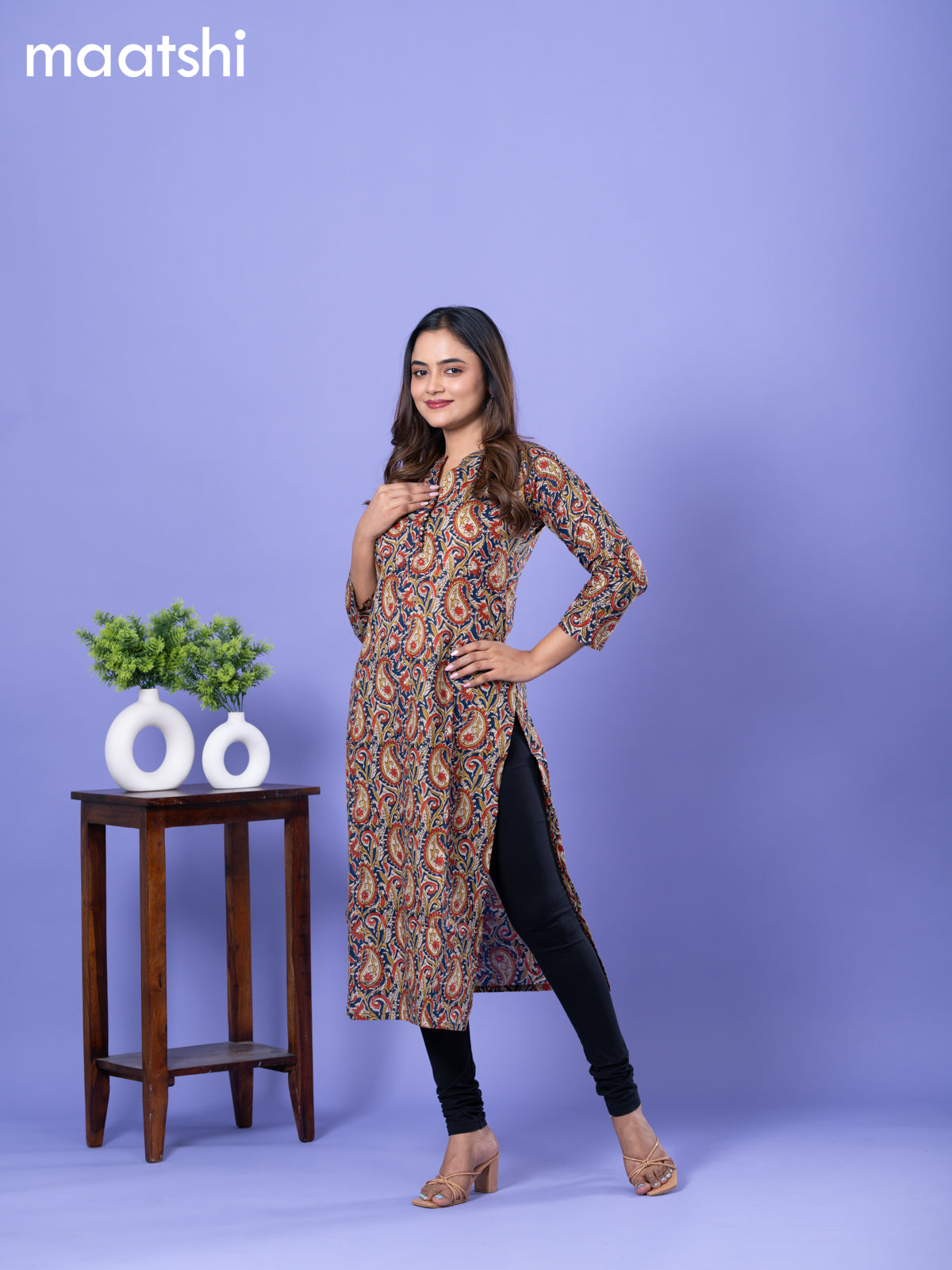 Cotton kurti navy blue and cream with allover kalamkari prints & simple neck pattern and without pant