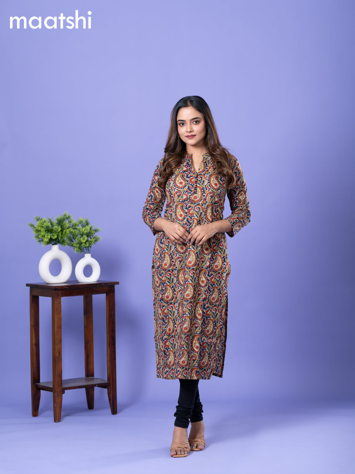 Cotton kurti navy blue and cream with allover kalamkari prints & simple neck pattern and without pant
