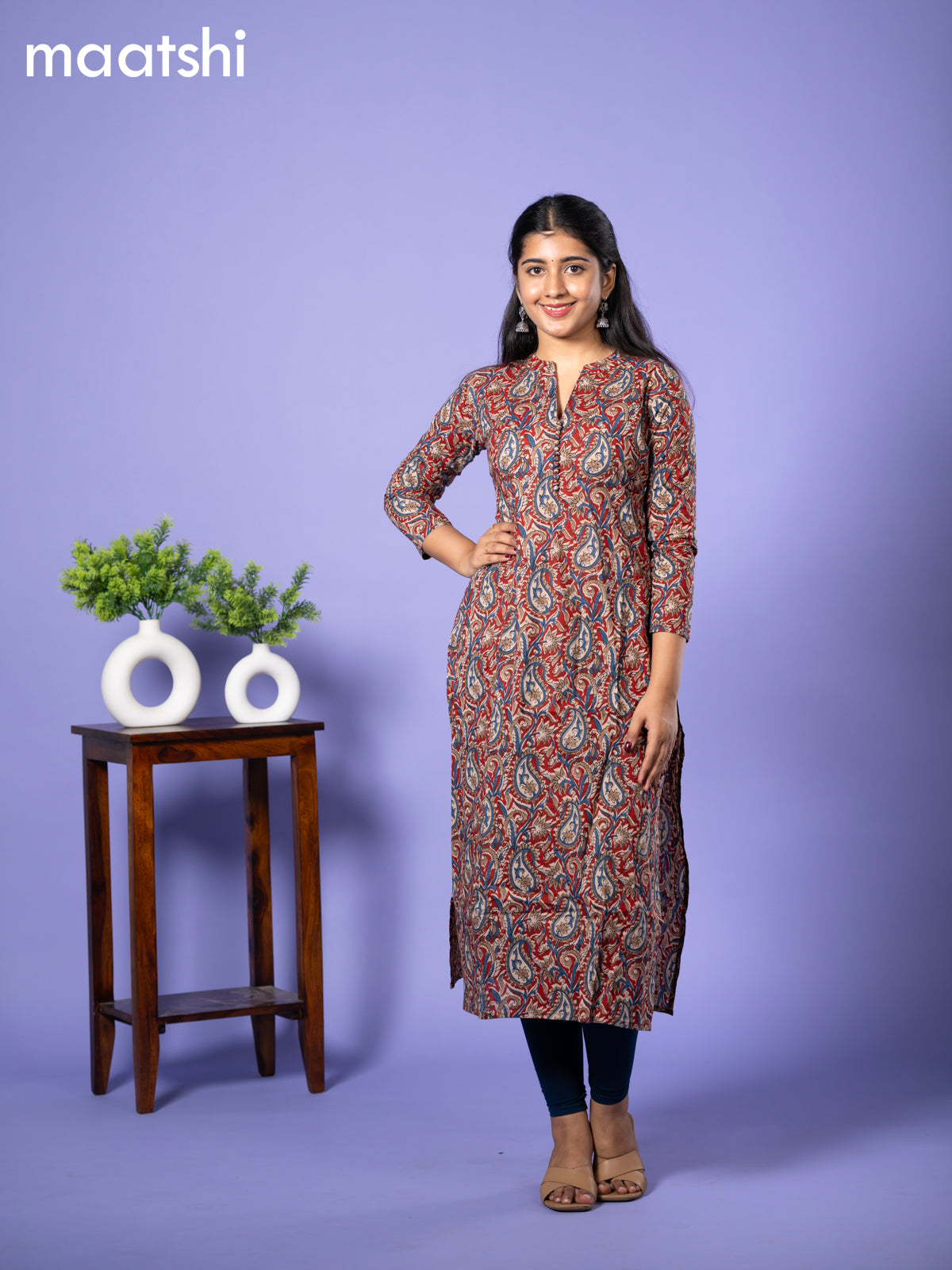 Cotton kurti cream and maroon blue with allover kalamkari prints & simple neck pattern and without pant