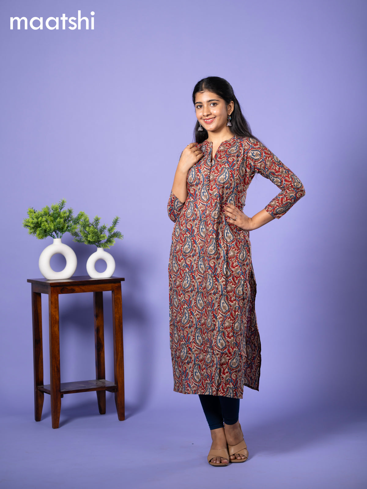 Cotton kurti cream and maroon blue with allover kalamkari prints & simple neck pattern and without pant