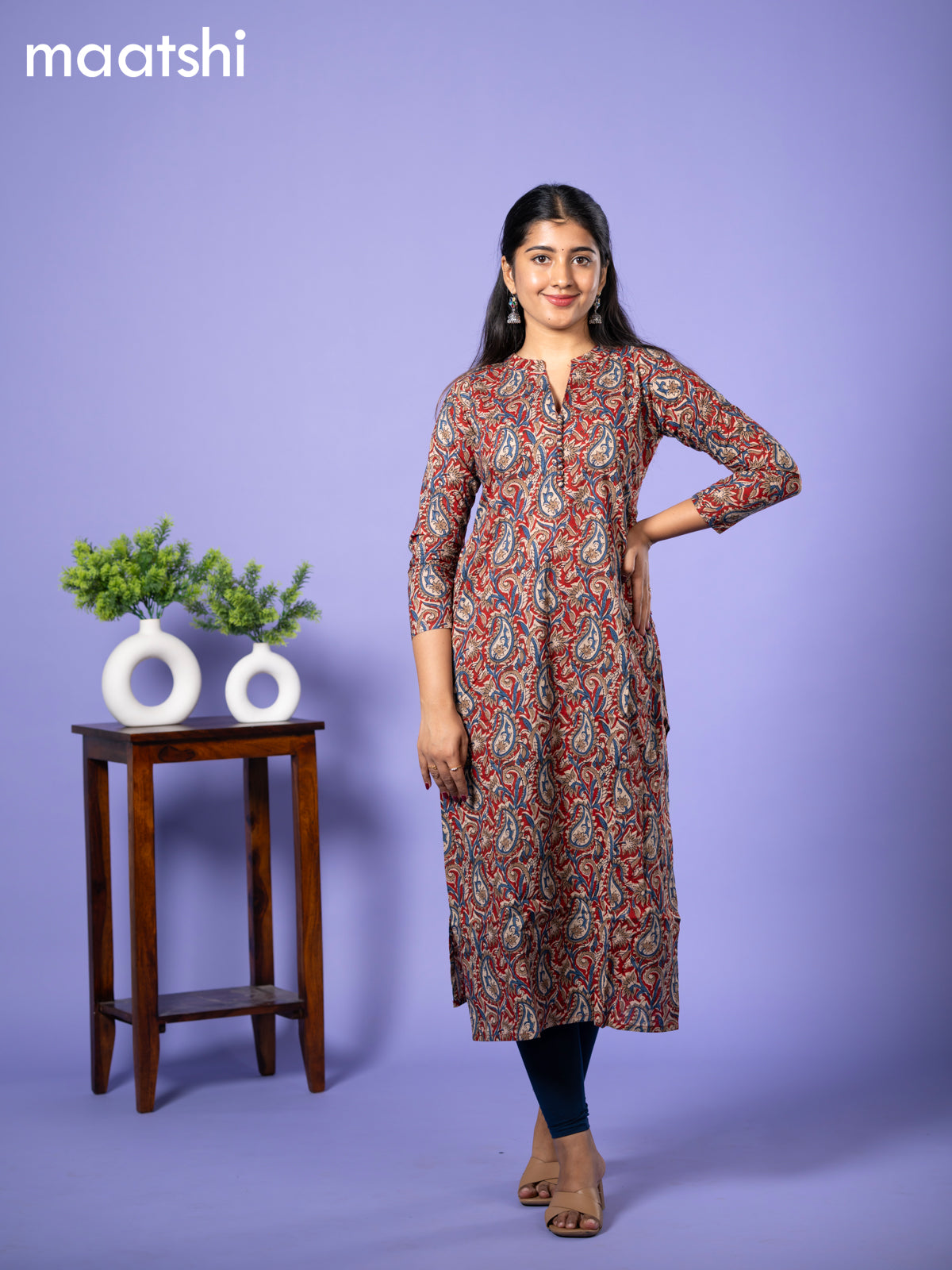 Cotton kurti cream and maroon blue with allover kalamkari prints & simple neck pattern and without pant