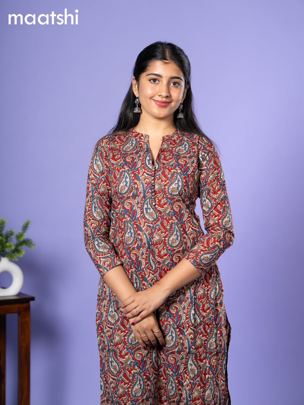 Cotton kurti cream and maroon blue with allover kalamkari prints & simple neck pattern and without pant