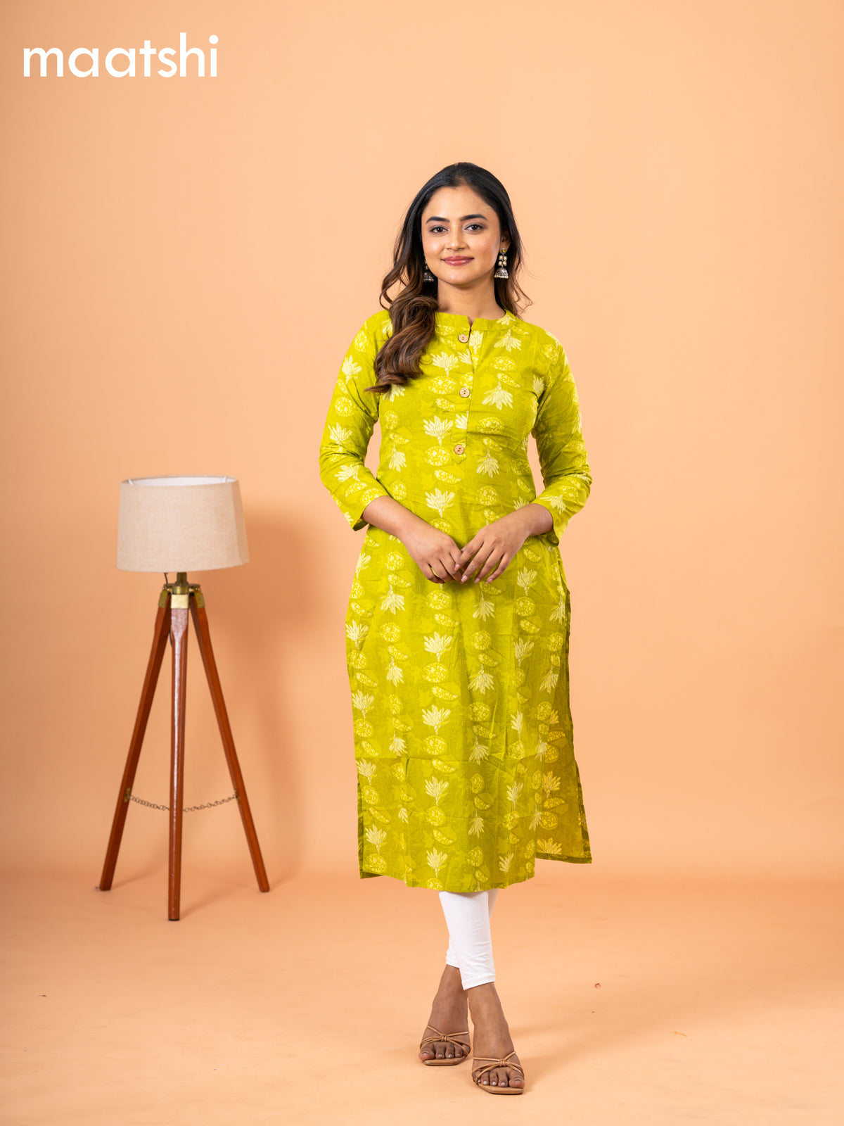 Cotton readymade kurti lime green with kalamkari prints & simple neck pattern and without pant