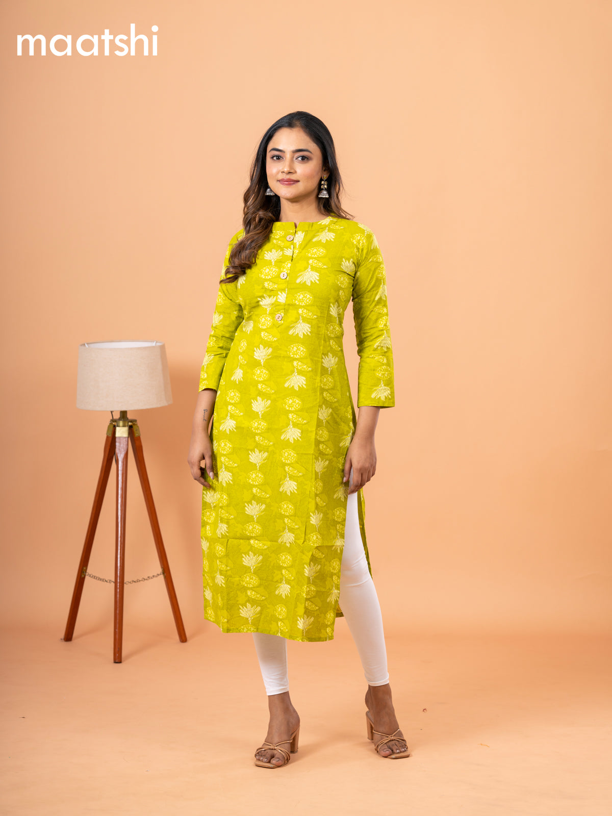 Cotton readymade kurti lime green with kalamkari prints & simple neck pattern and without pant