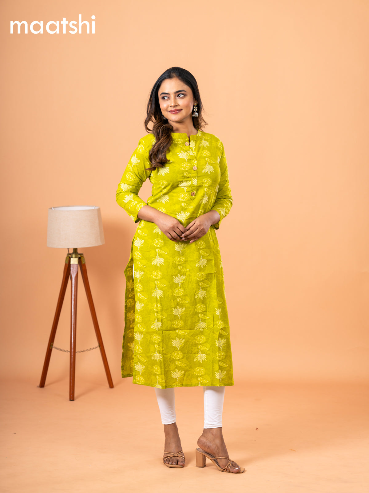 Cotton readymade kurti lime green with kalamkari prints & simple neck pattern and without pant