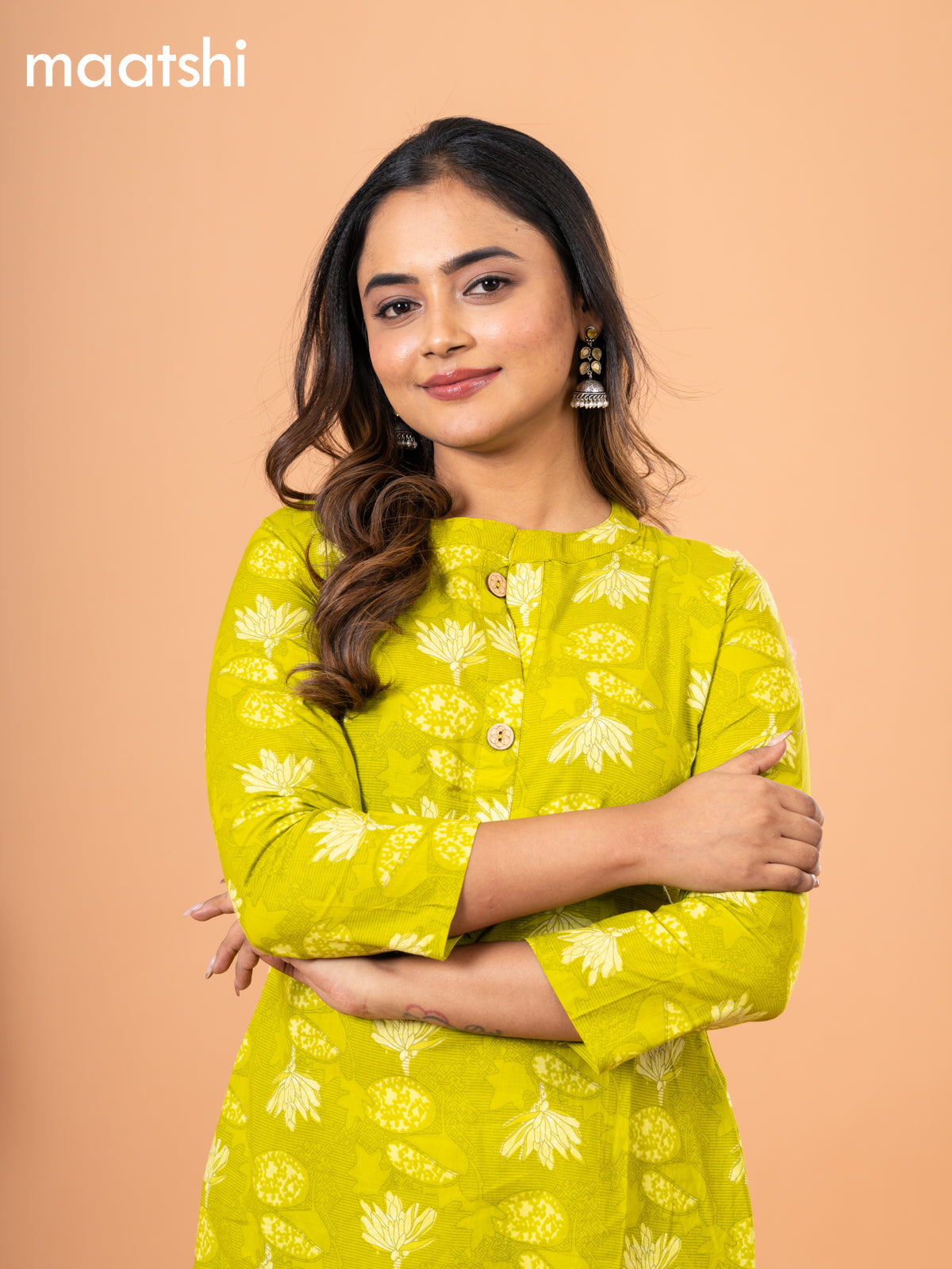 Cotton readymade kurti lime green with kalamkari prints & simple neck pattern and without pant