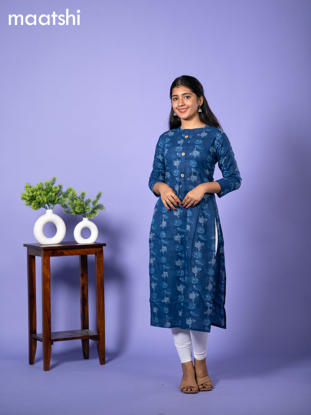 Cotton readymade kurti blue with allover prints & simple neck pattern and without pant