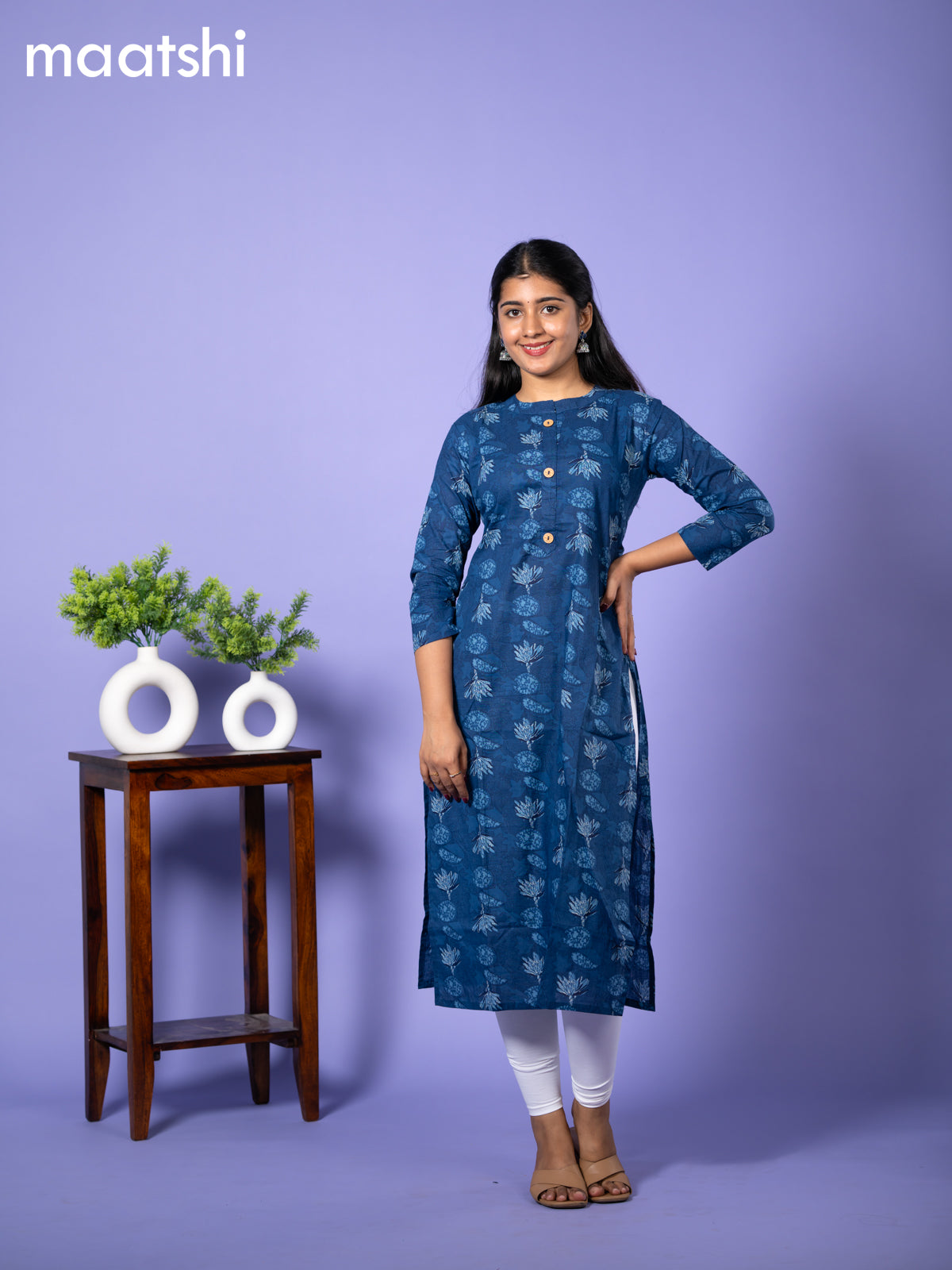 Cotton readymade kurti blue with allover prints & simple neck pattern and without pant
