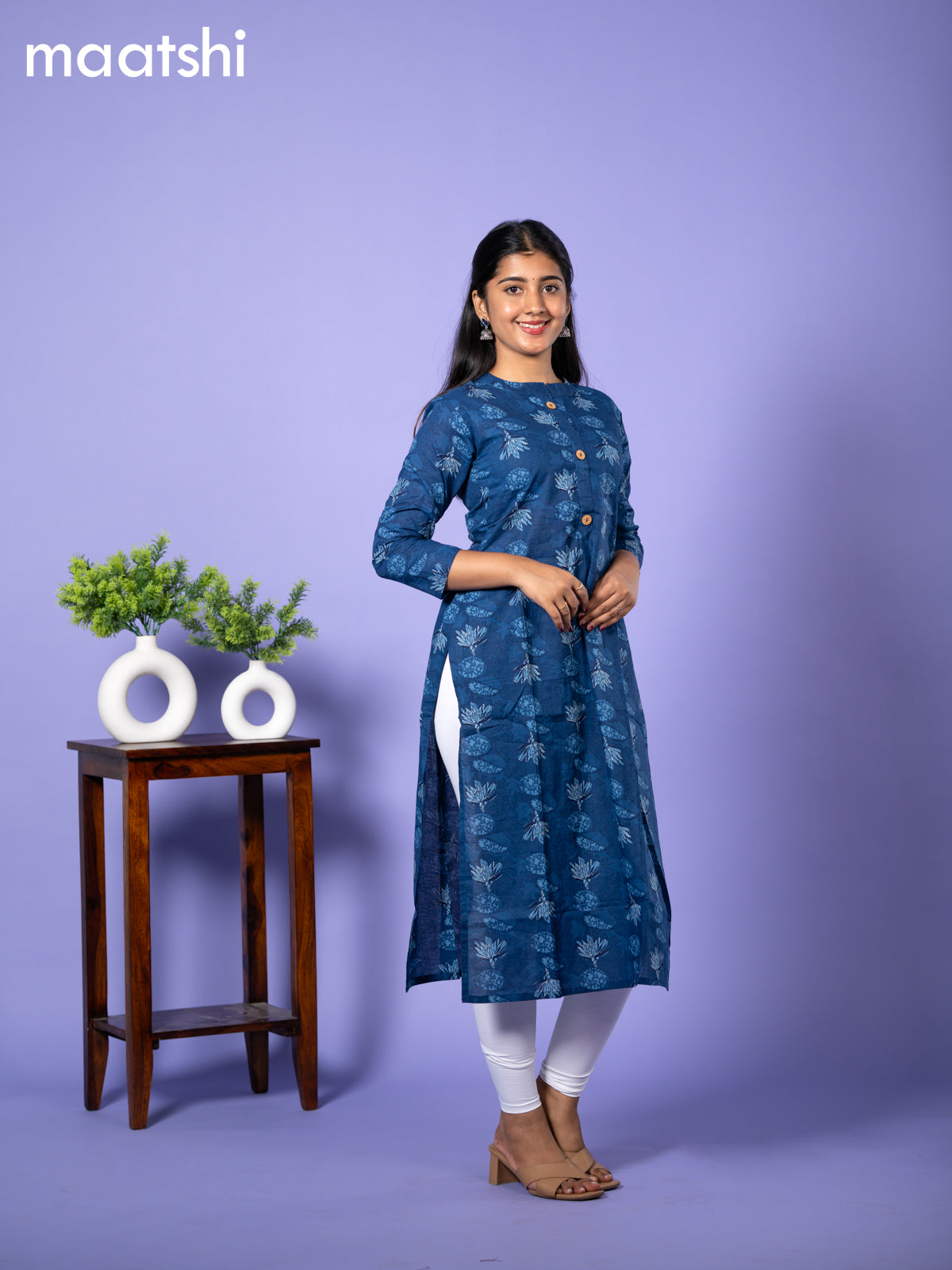 Cotton readymade kurti blue with allover prints & simple neck pattern and without pant