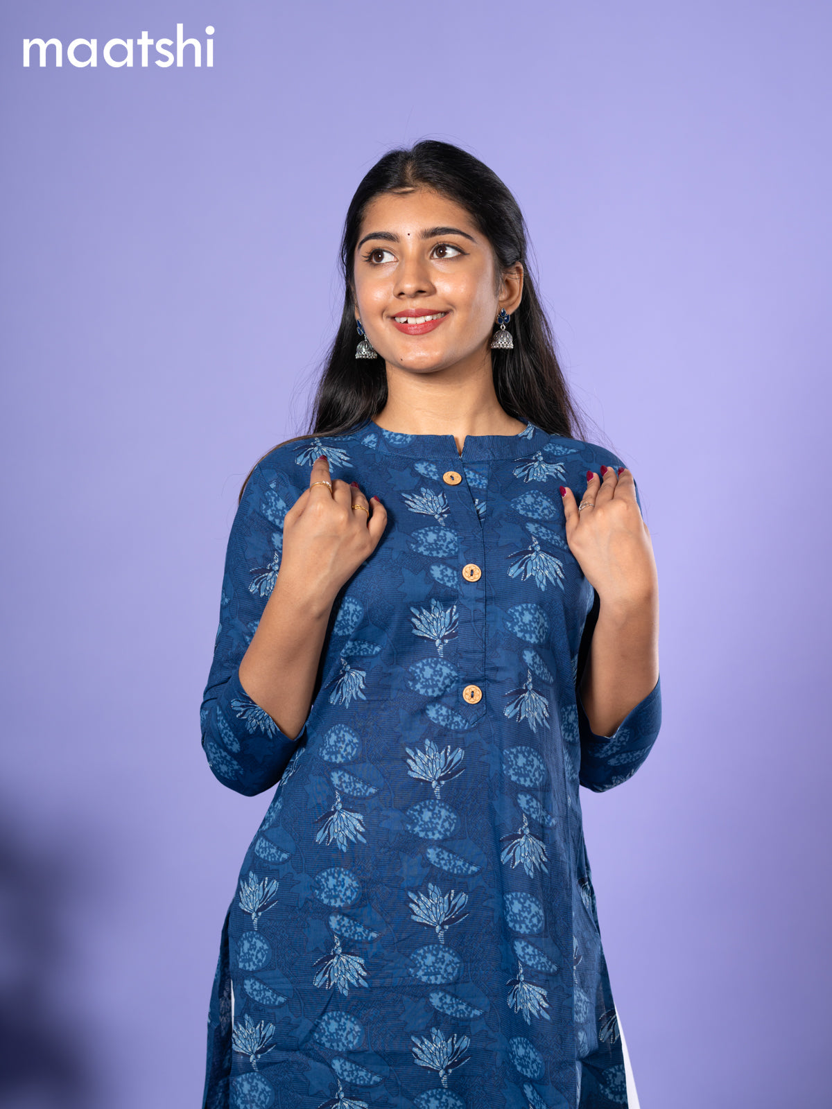 Cotton readymade kurti blue with allover prints & simple neck pattern and without pant