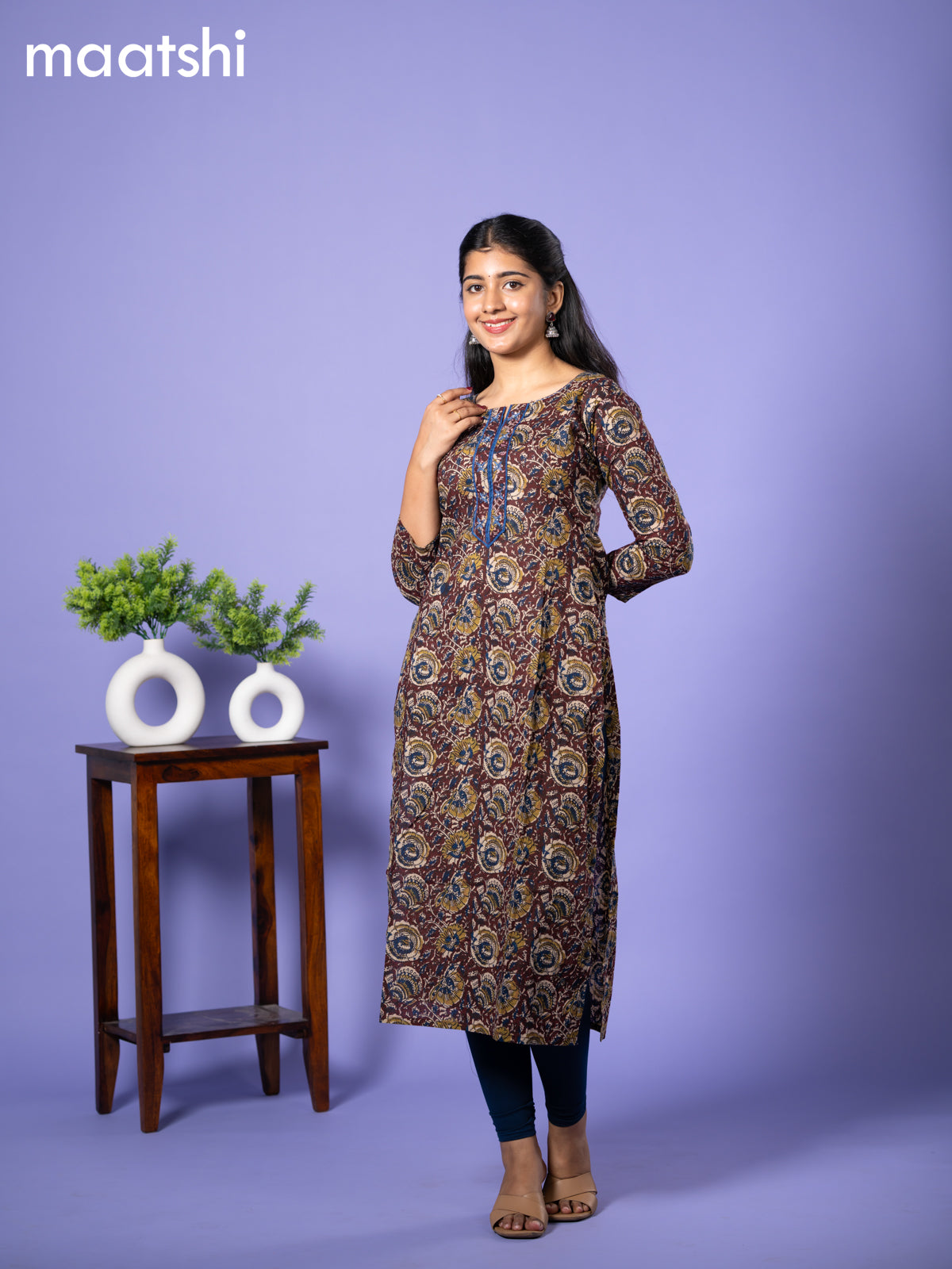 Cotton kurti deep maroon and blue with allover kalamkari prints & simple neck pattern and without pant